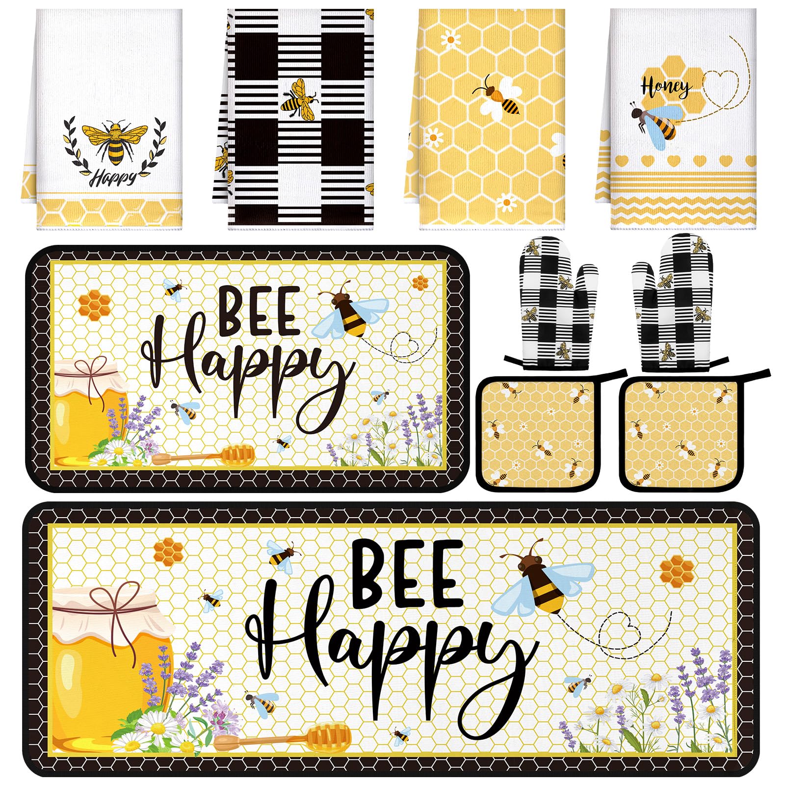 Fourluoo 10 Pcs Bee Kitchen Dish Towels Rugs Oven Mitts and Pot Holders Set Farmhouse Kitchen Decor Set for Women Mom Daughter Gift Cooking Baking Grilling (Cute Yellow Black)