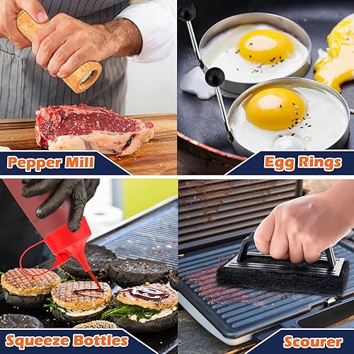 Miniatura 7 de Joyfair - Juego de 18 accesorios para parrilla, kit de espátula de acero inoxidable para barbacoa al aire libre Teppanyaki camping, incluye cúpula