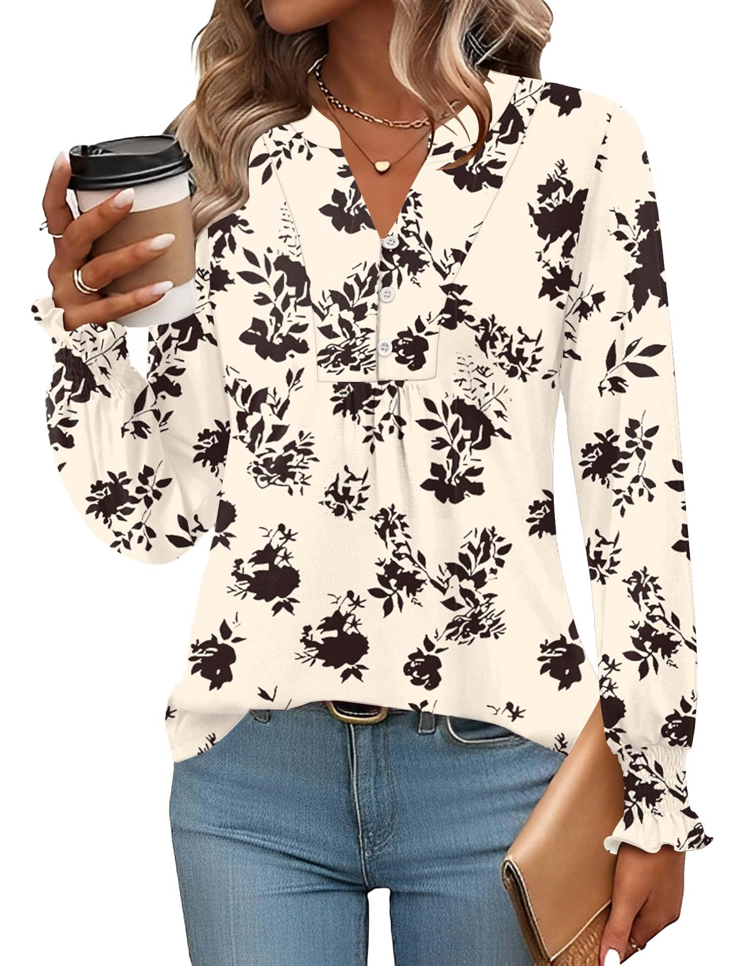 Rapbin Bluse Damen V-Ausschnitt Knopfleiste T-Shirt Tunika Kurzarm Top Sommer Oberteile Elegant Casual