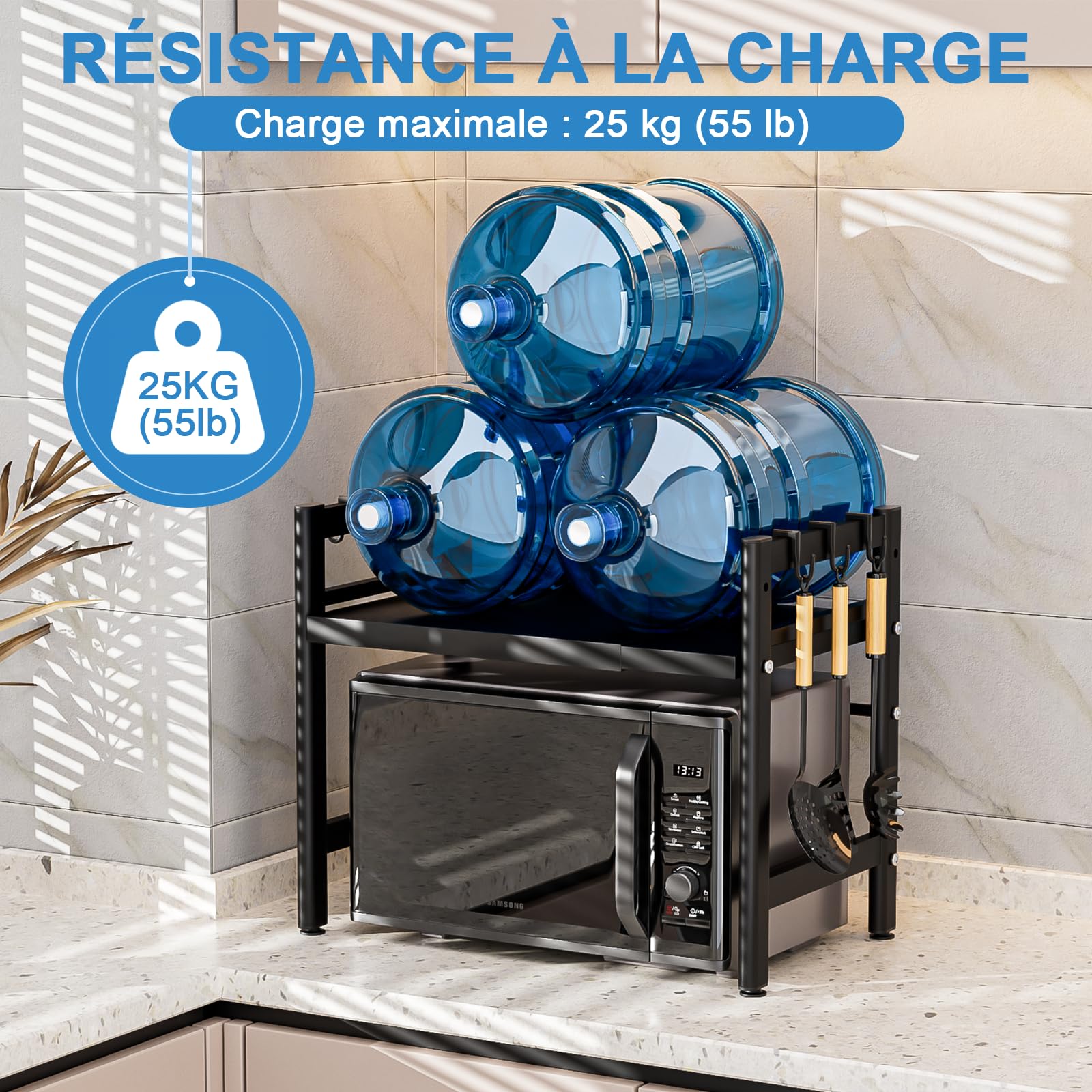 Support Micro-Ondes Extensible Etagère Métal Avec 6 Crochets - Rangement Cuisine Gain De Place