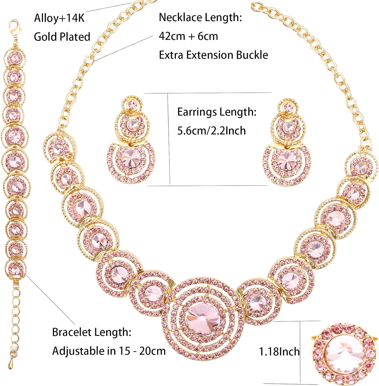 Women’s Wedding Bridal Austrian Crystal Circle Statement Necklace Dangle Earrings Bracelet Ring Jewelry Set