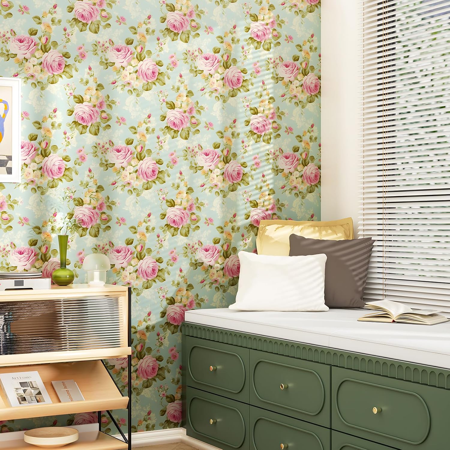 Blue Rose Wallpaper Peel and Stick Boho Wallpaper 17.5in x 32.8ft Vintage Floral Contact Paper Vinyl Self Adhesive Removable Modern Floral Wall Paper for Bedroom Shelf Liner Cabinet Decor