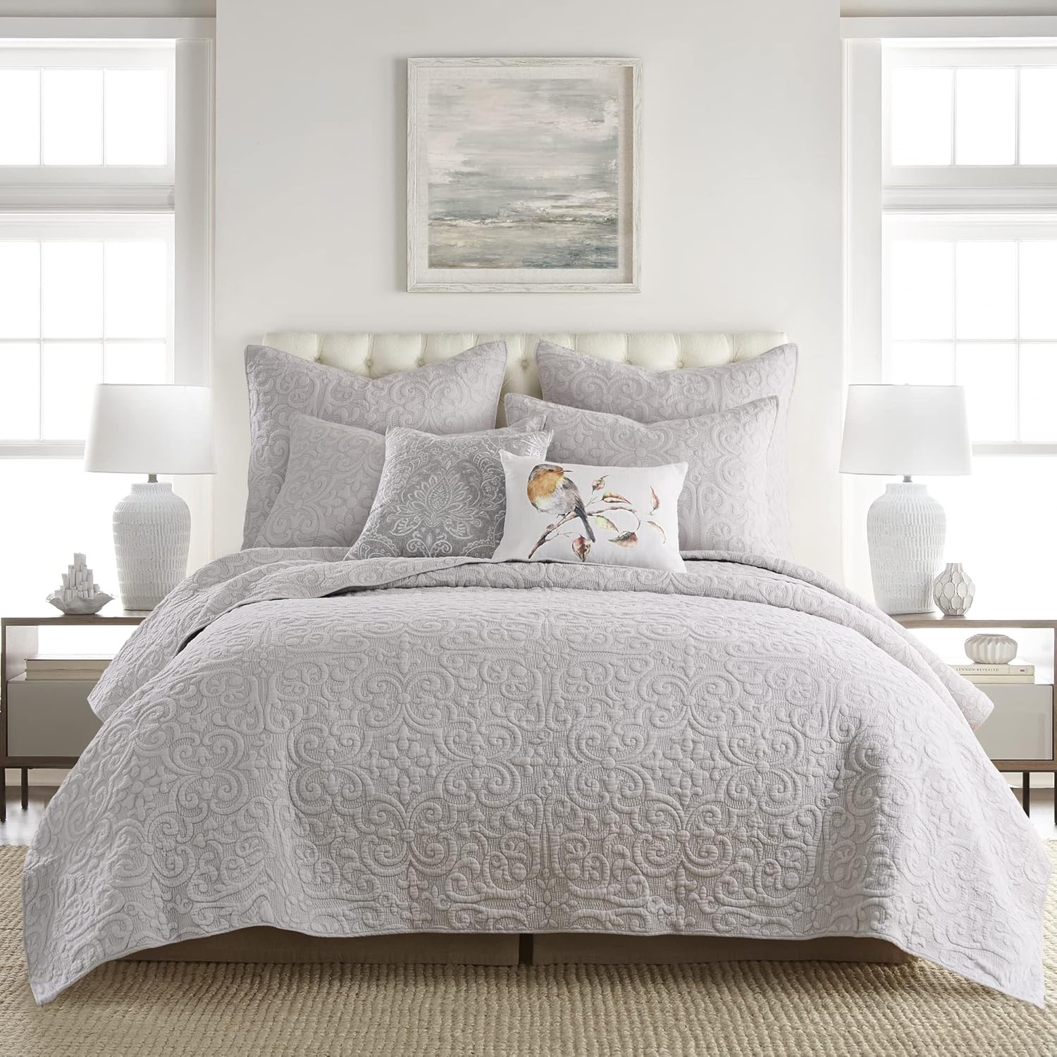 Levtex Home - Sherbourne Cream Taupe Stitch - Quilted King Sham - Quilted Medallion Cream with Taupe Stitch - Cotton/Polyester