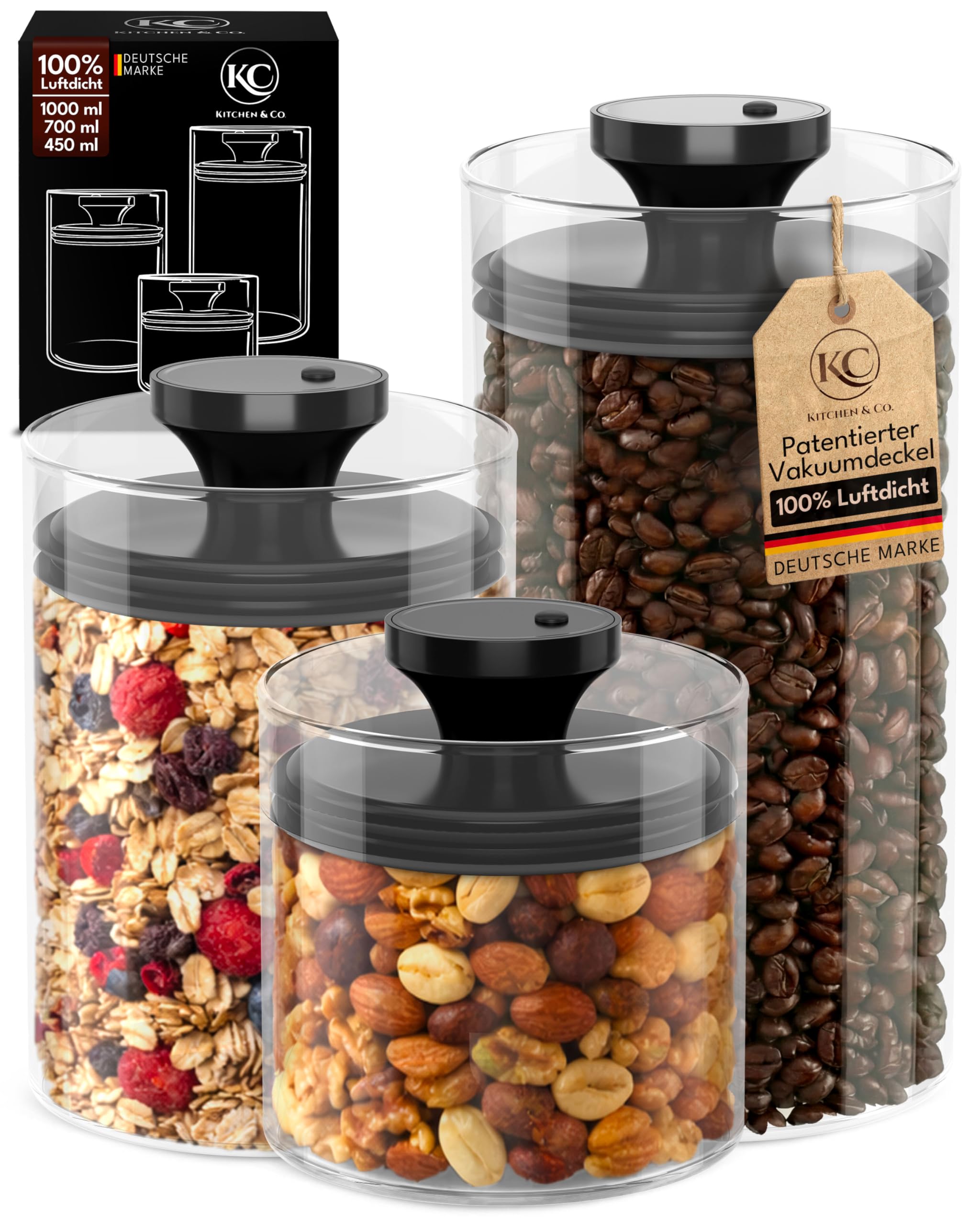 Kc Kitchen & Co. Klar,Schwarz Kitchen&Co. Storage Jars With Vacuum Lid, Airtight Storage, Storage Jar With Lid, Mothproof Jars, Glass Coffee Canister, Bpa-, Borosilicate Glass Container