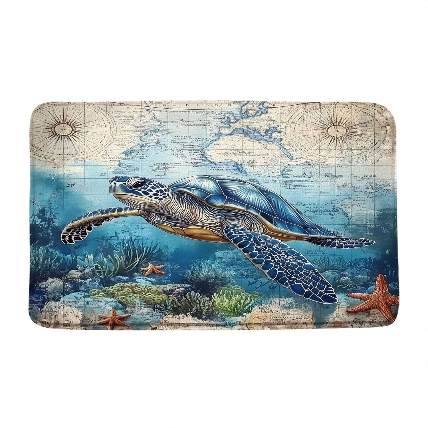 VPUPCN Nautical Sea Turtle Bath Mat Blue Ocean Animal Underwater Marine Life Vintage Coastal Beach Theme Microfiber Memory Foam Bathroom Rug Doormat