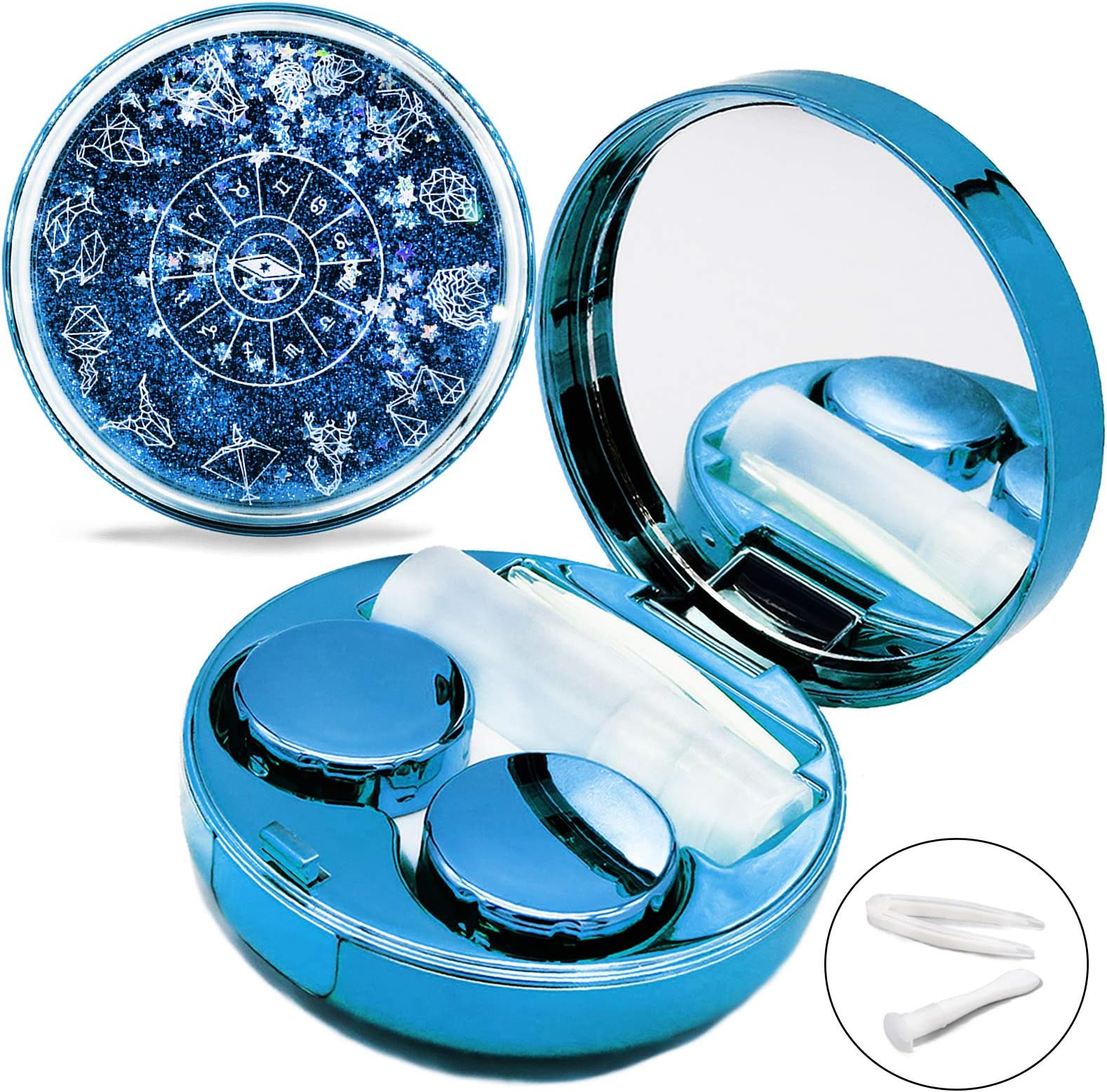 Vastsoon Contact Lens Case, Cute Travel Size Eye Colored Contacts Lenses Applicator Remover Tool Kit with Mirror Solution Bottle for Daily Outdoor (Blue)