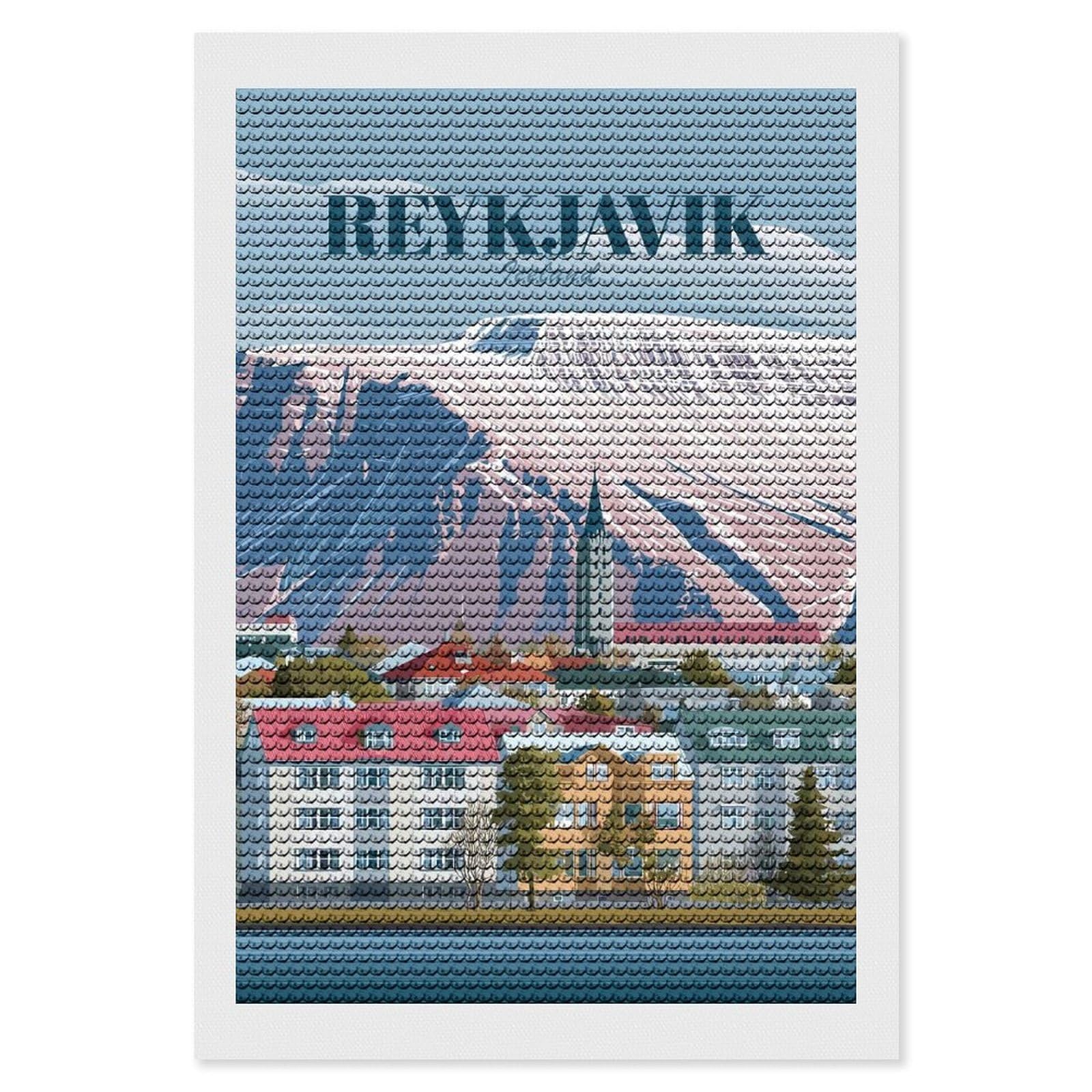 Junmoney Reykjavik Iceland Vintage Diamond Painting Canvas Set 8"x12", Boho Decor, for Craft Lovers, Easy Handmade Project, Holiday Gift Idea