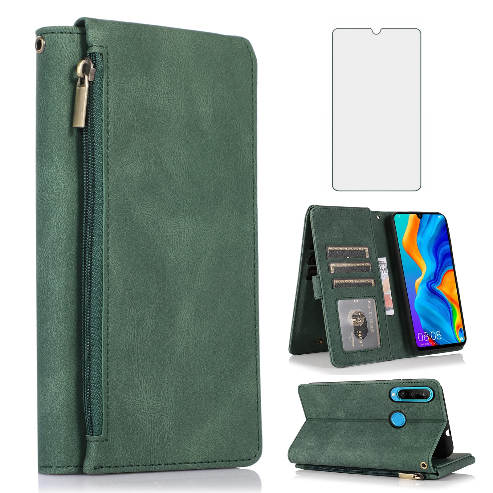 AsuwishAsuwish Compatible with Huawei P30 Lite Wallet Case Tempered Glass Screen Protector Zipper Leather Flip Cover Card Holder Stand Cell Accessories Phone for Hawaii P30Lite P 30 30Lite Women Men Green