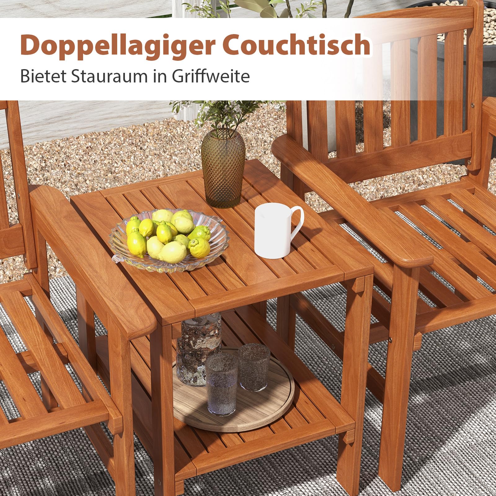 COSTWAY Gartenbank mit Beistelltisch & Schirmloch, 2-Sitzer Akazienholz Sitzbank Konversationsset, Terrassenbank Gartenmöbel Set für Balkon, Garten, Terrasse (vertikal)