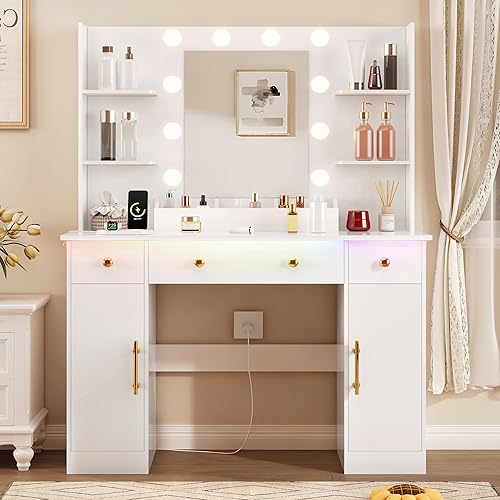 Miniatura 14 de Escritorio de tocador con espejo y luces, tocador de maquillaje rosa con estación de carga y taburete de tocador, 3 cajones y gabinetes, espejo de