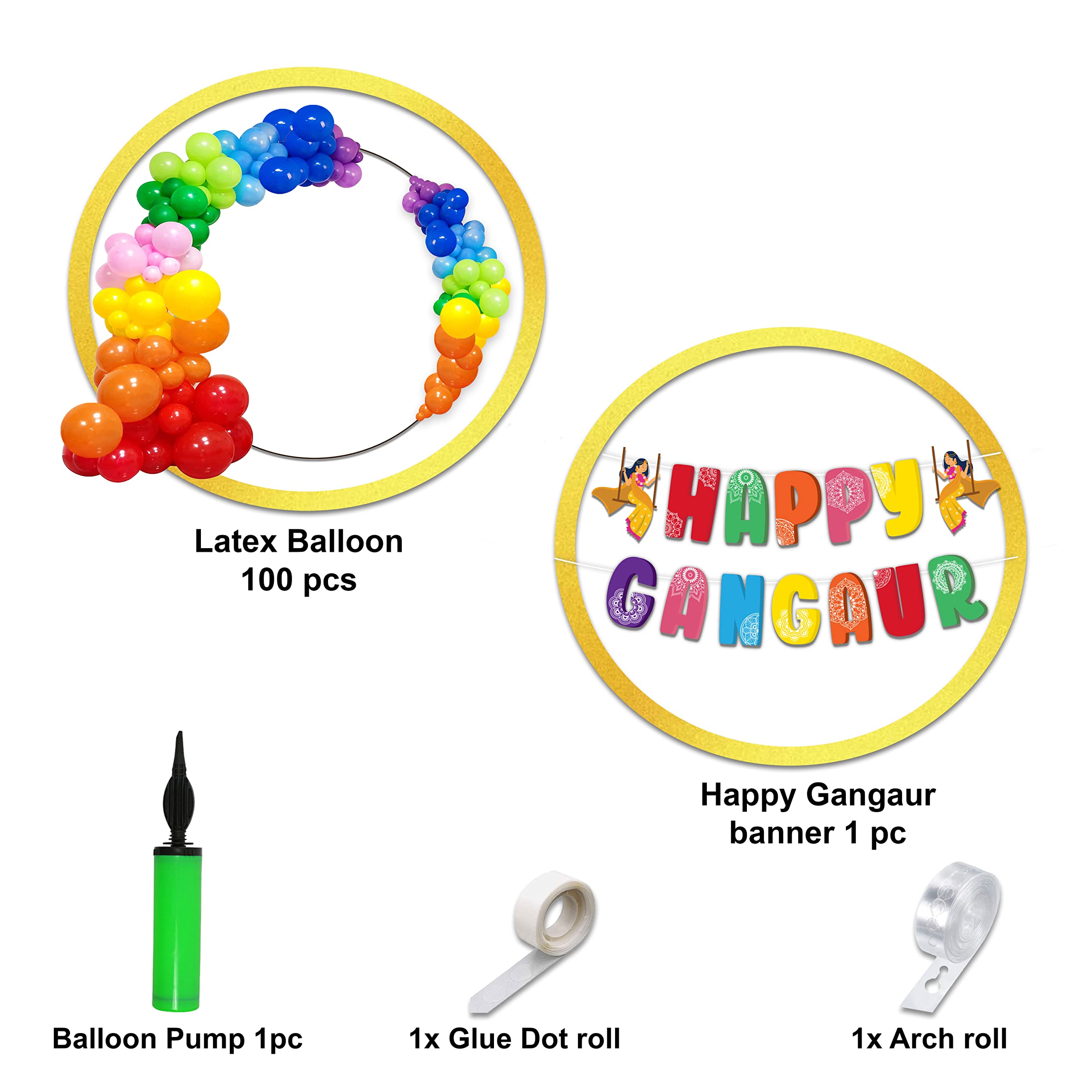 Festiko® Happy Gangaur Festival Combo (104 Pcs), Decorations for Gangaur Theme,Marwari Rajasthani Function Party Supplies, Happy Gangaur Banner & Multicolor Balloons 1