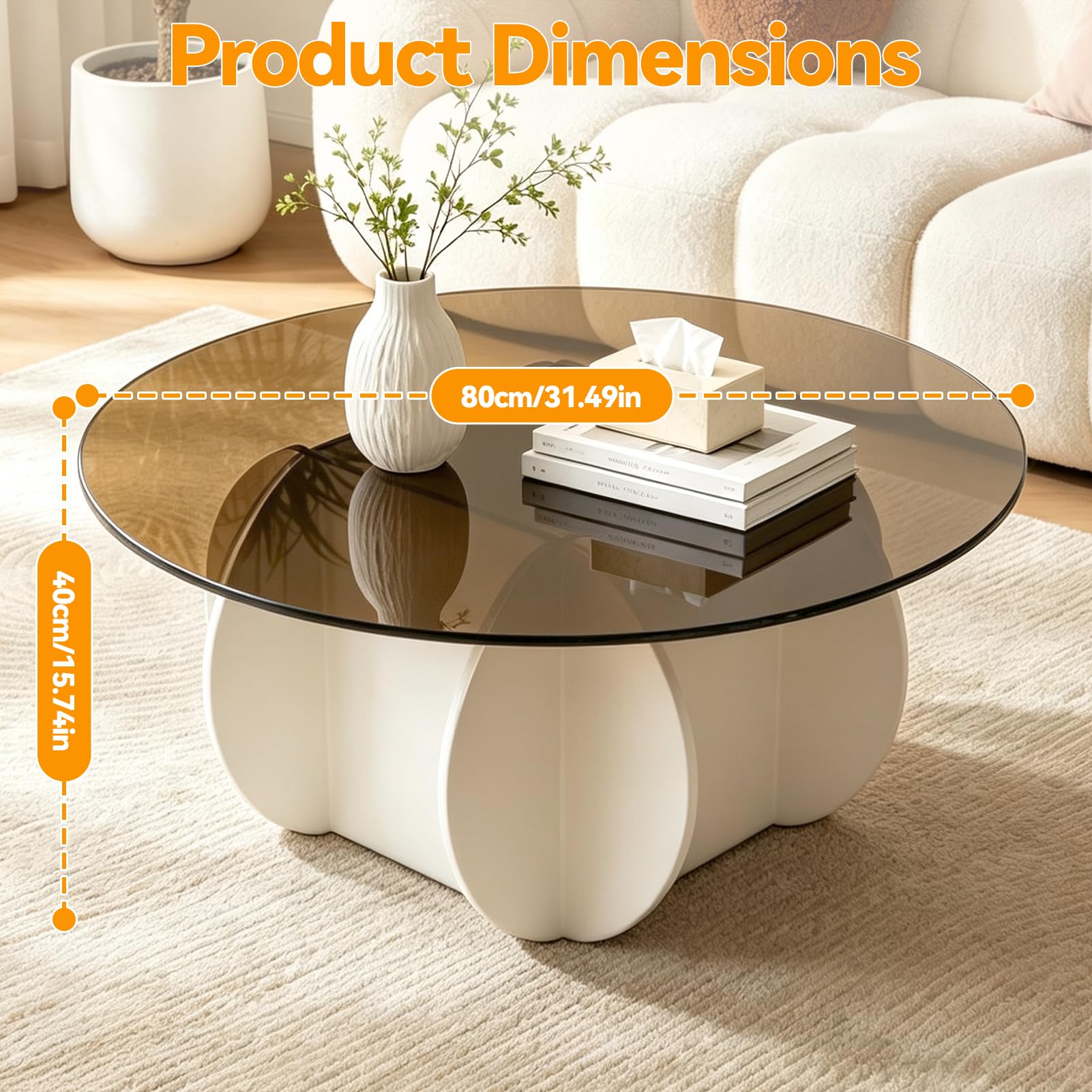 Table Basse Ronde 80 cm, Plateau en Verre Trempé 8 mm, Table Basse Moderne avec Pieds en Bois Effet Noyer, Table de Salon Mid-Century pour Salon, Bureau (Blanc)