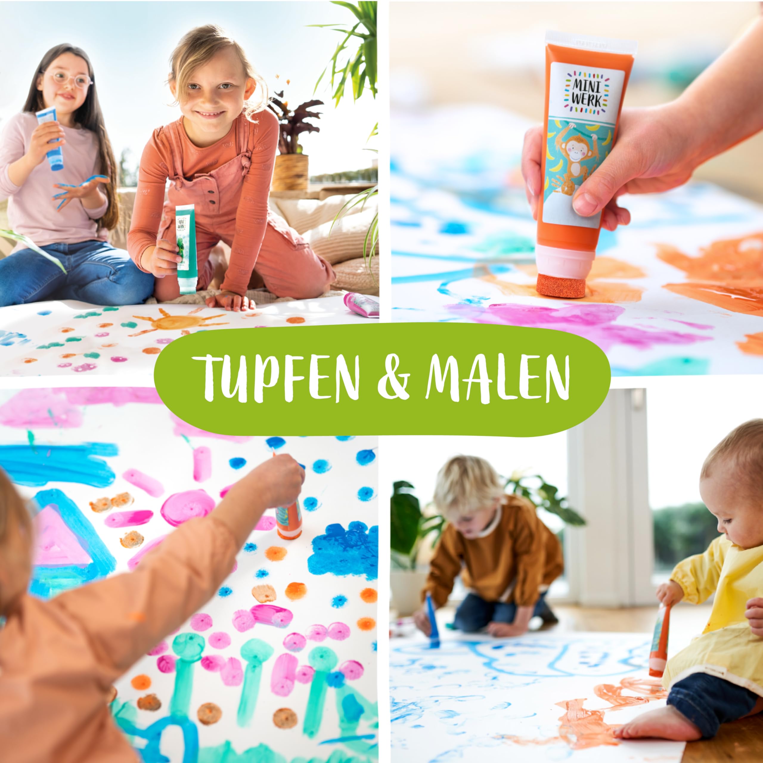 Miniwerk Mal- und Abdruckfarbe 10er Set mit Schwammaufsatz - 10 Malfarben auf Basis natürlicher Rohstoffe, schadstofffrei wie Fingerfarbe - Baby Handabdruck Set, Fußabdruck Baby