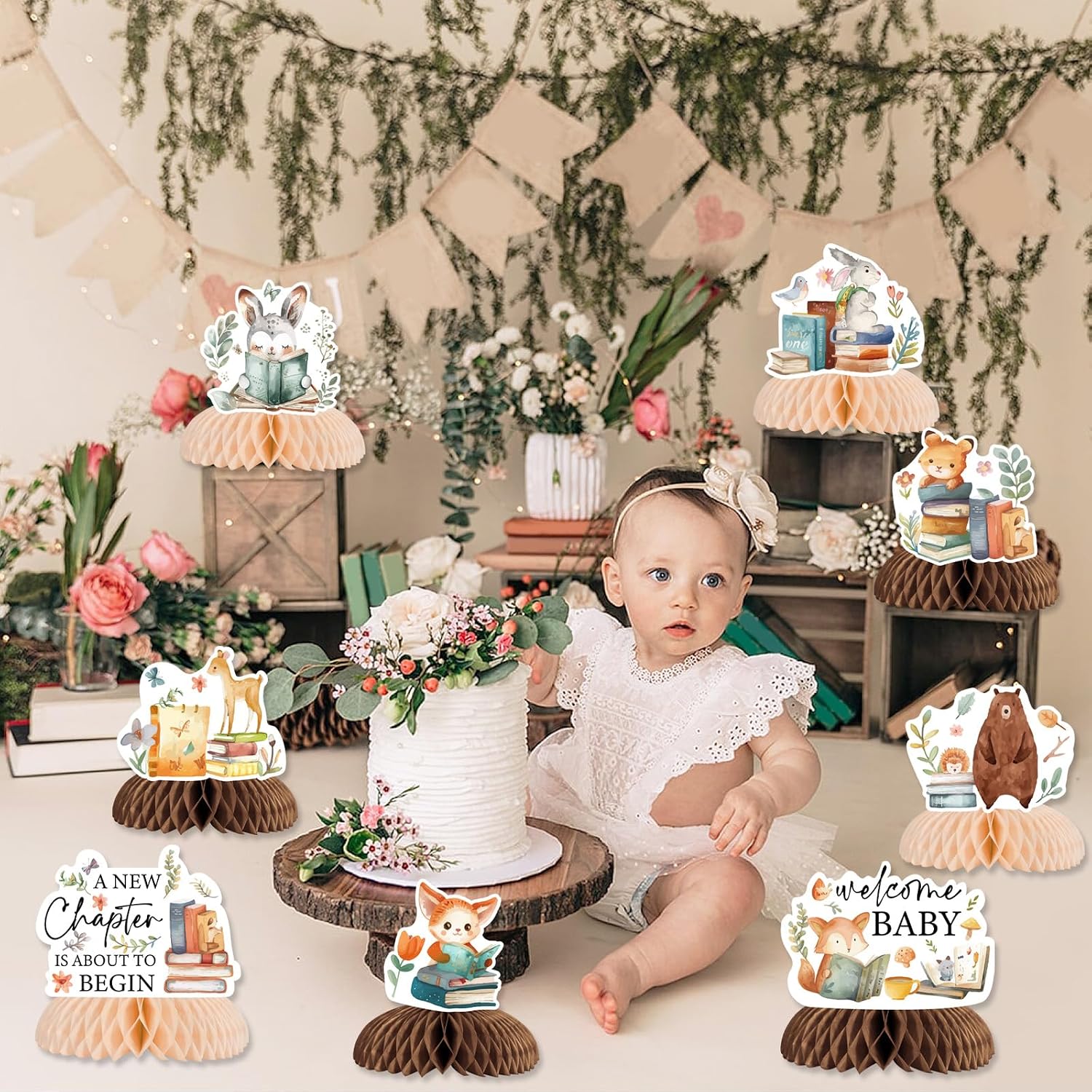 Jollyboom A New Chapter Begins Baby Shower Decorations, 8pcsStorybook Baby Shower Decorations Honeycomb Centerpieces Table for Jungle Safari Woodland AnimalsParty Gender Reveal Supplies