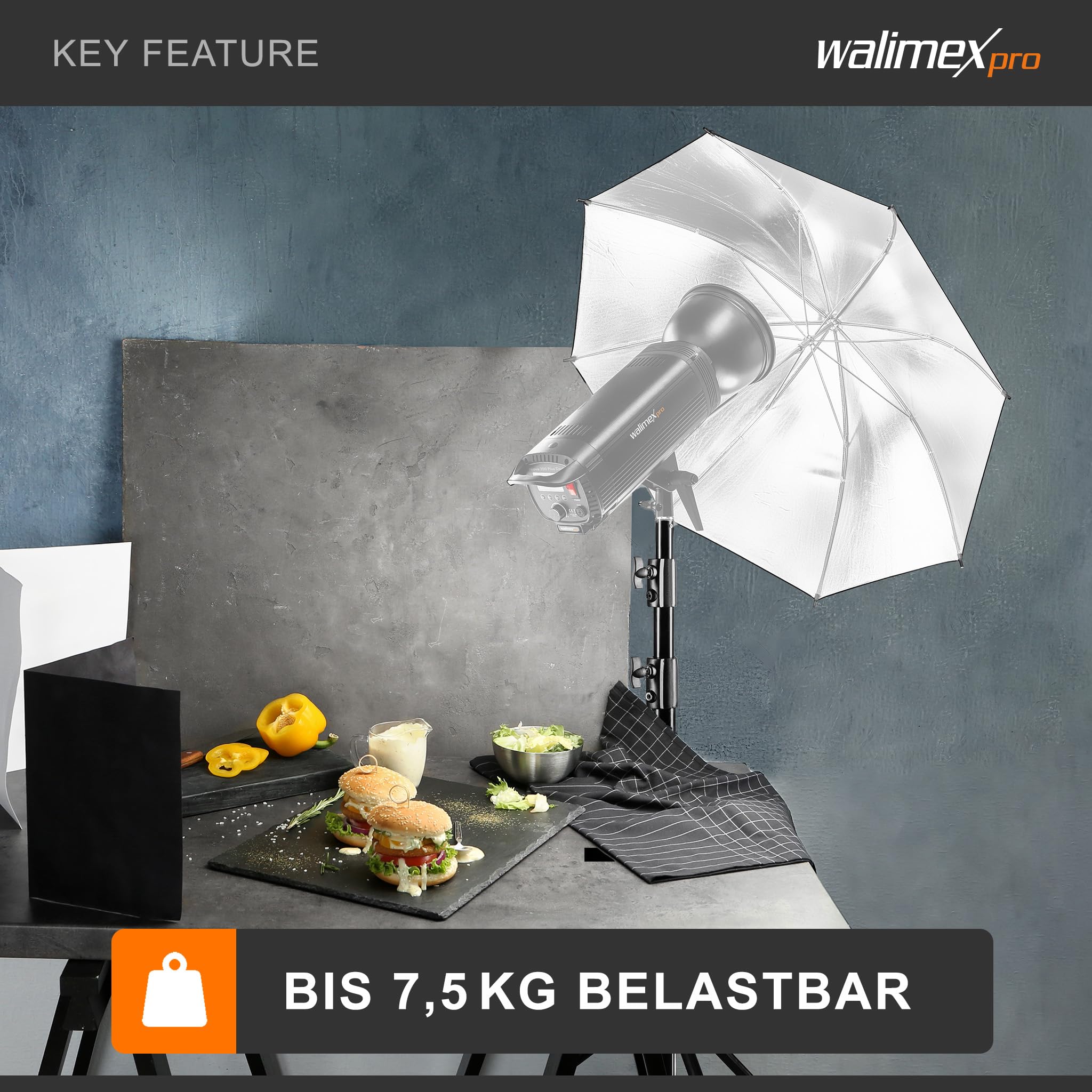 Walimex pro WT-420 Lampenstativ 420 cm, höhenverstellbares Lichtstativ belastbar bis 7,5 kg, Blitzstativ mit 5/8 Zoll Spigot, Studiostativ mit Federdämpfung