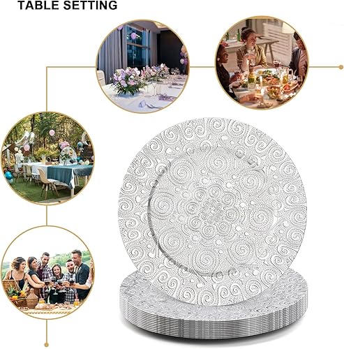 Miniatura 5 de SOUJOY Paquete de 12 platos de carga, placa de carga de plástico plateado de 13 pulgadas, platos redondos con patrón de fénix elegantes para bodas,