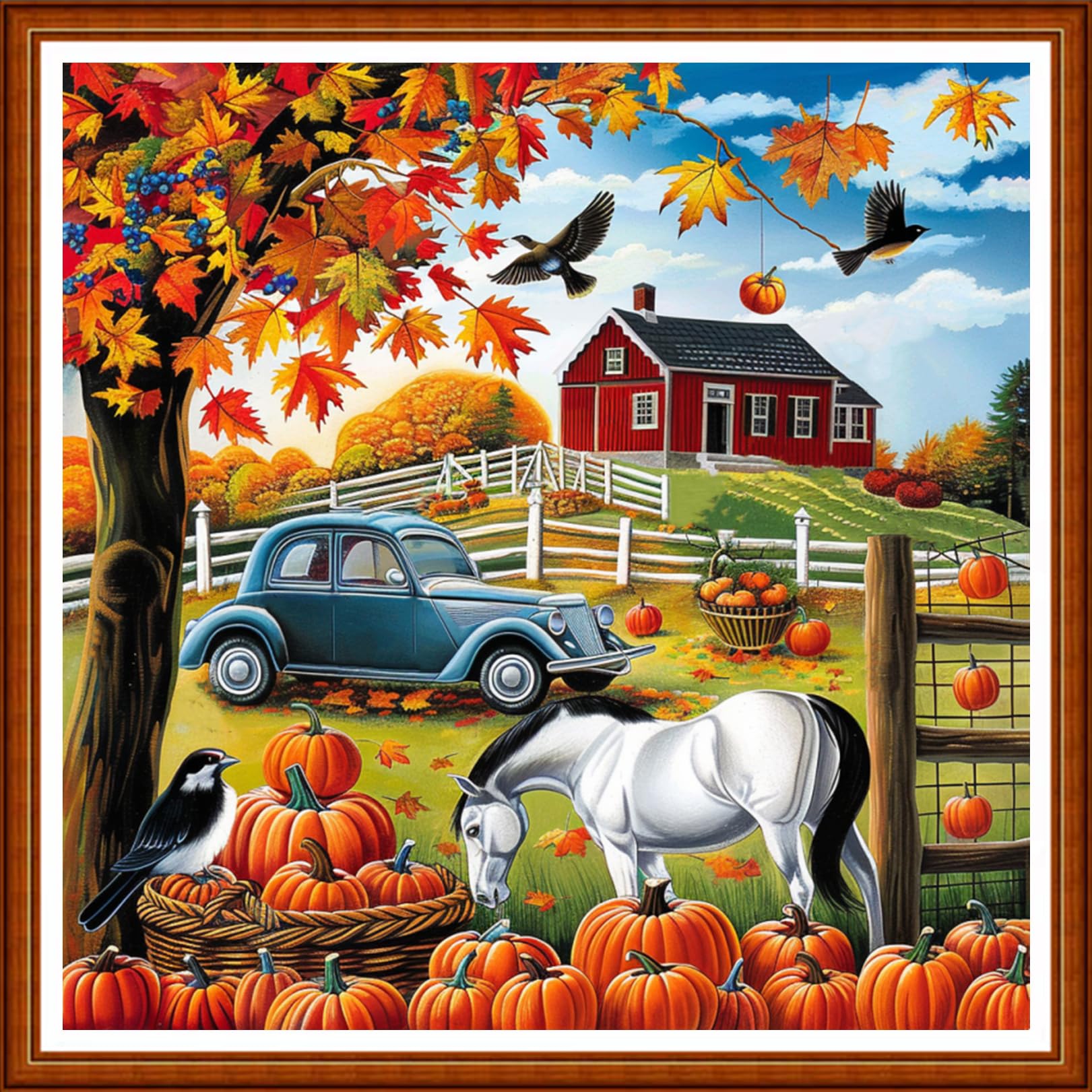 Joyhoor Stamped Cross Stitch Kits for Beginners Needlepoint Kits for Adults Embroidery Kits 11CT Counted Cross Stitch Kits Printed Embroidery Pattern- Autumn Scenery at Home 18x18 inchs