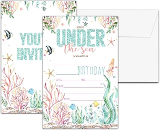 Birthday Party Invitations, Under The Sea Birthday Invitations, Double-Sided Watercolor Ocean Animals Themed Fill In Invites, Ocean Birthday Party Decorations, 20 Cards With 20 Envelopes(B04)