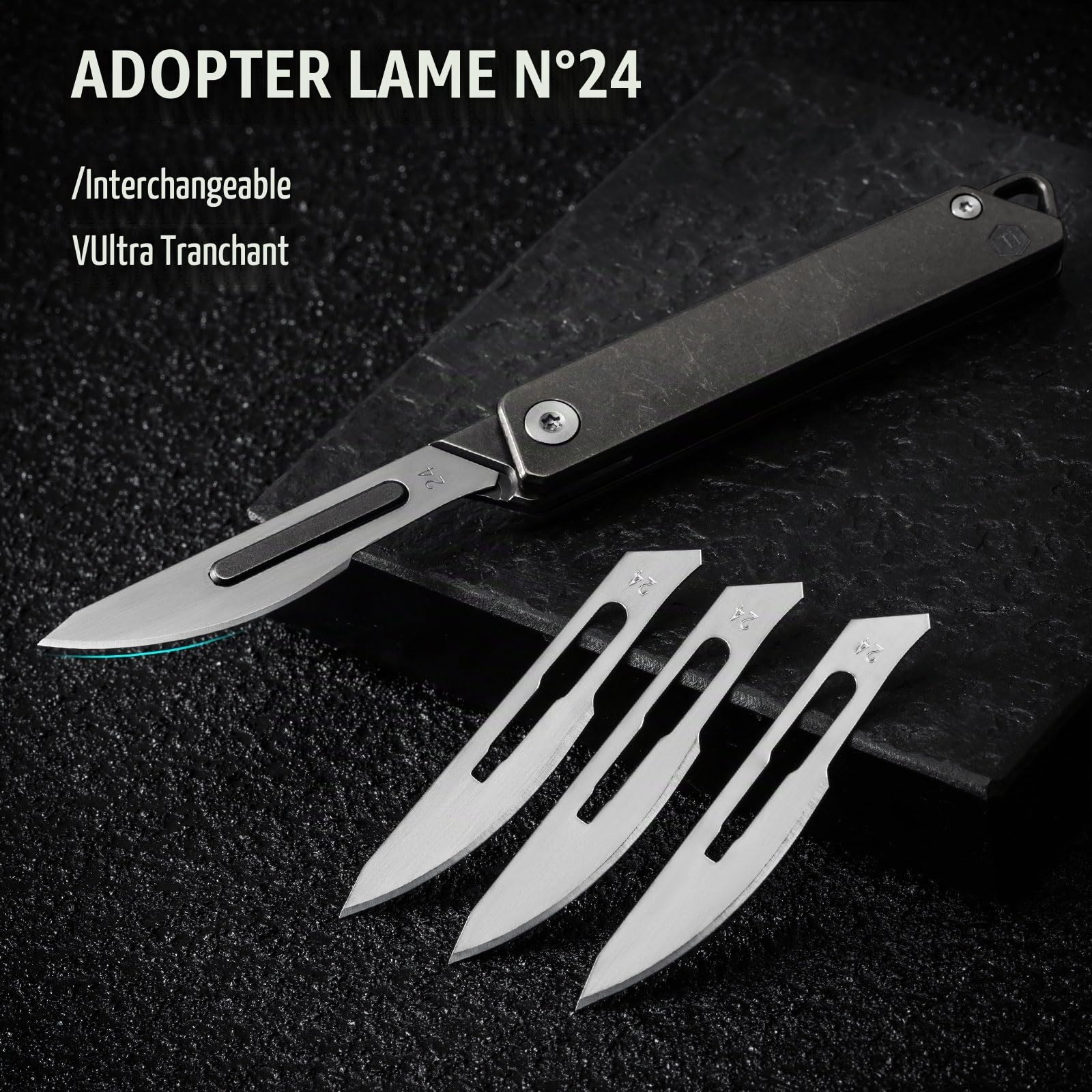 KeyUnity KK02BK Couteau de poche à rabat en titane, couteau pliant à ouverture rapide avec lames remplaçables #24 pour un transport quotidien