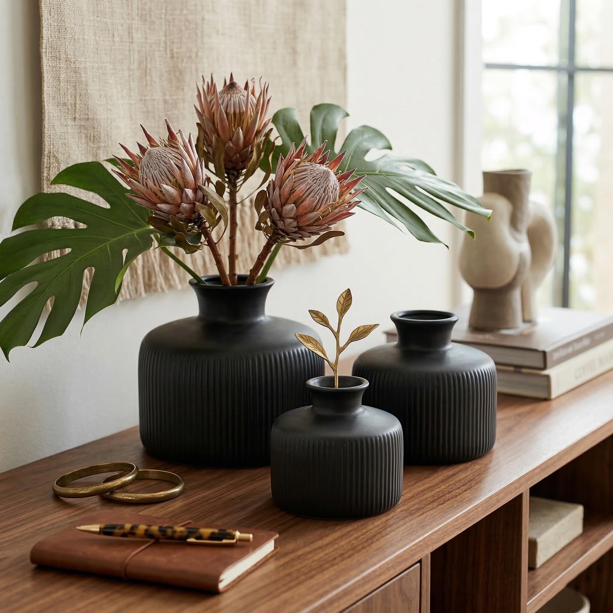 Matte Black Ceramic Bud Vase Set of 3, Ribbed Textured, Modern Boho Home Decor for Shelf, Table (3, Black)-image-7