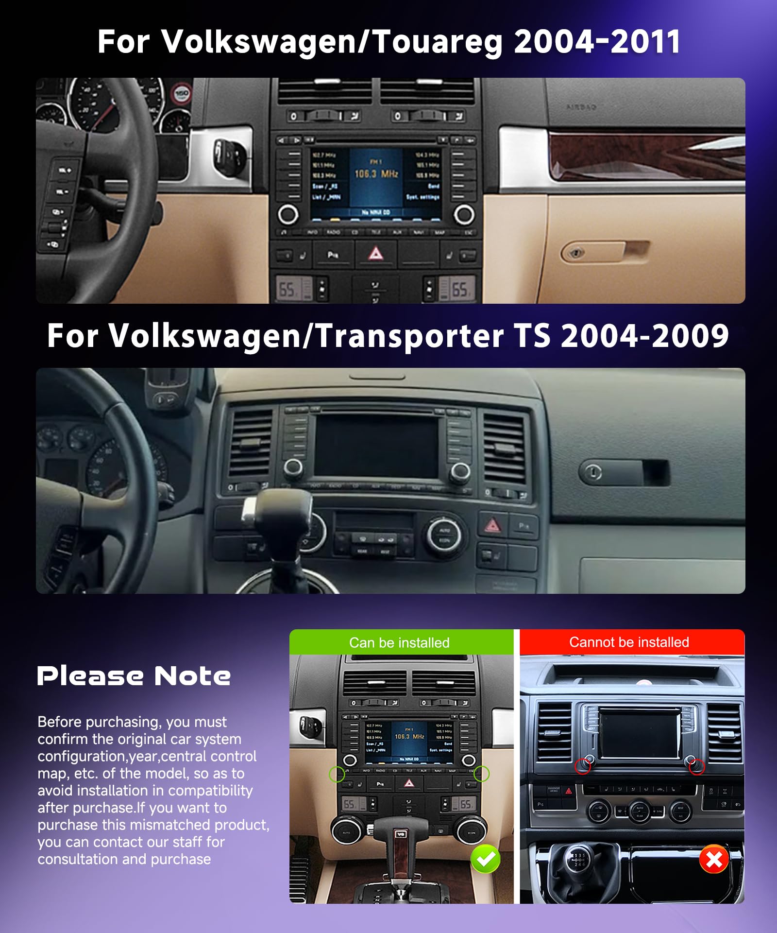 Radio samochodowe 4G/64G VECHTEL 7" do VW Touareg 2004-2011/VW Transporter TS 2004-2009 Carplay Android Bezprzewodowe Auto, EQ, WiFi GPS, RDS/FM Radio 2 Din, radio samochodowe Bluetooth z kamerą