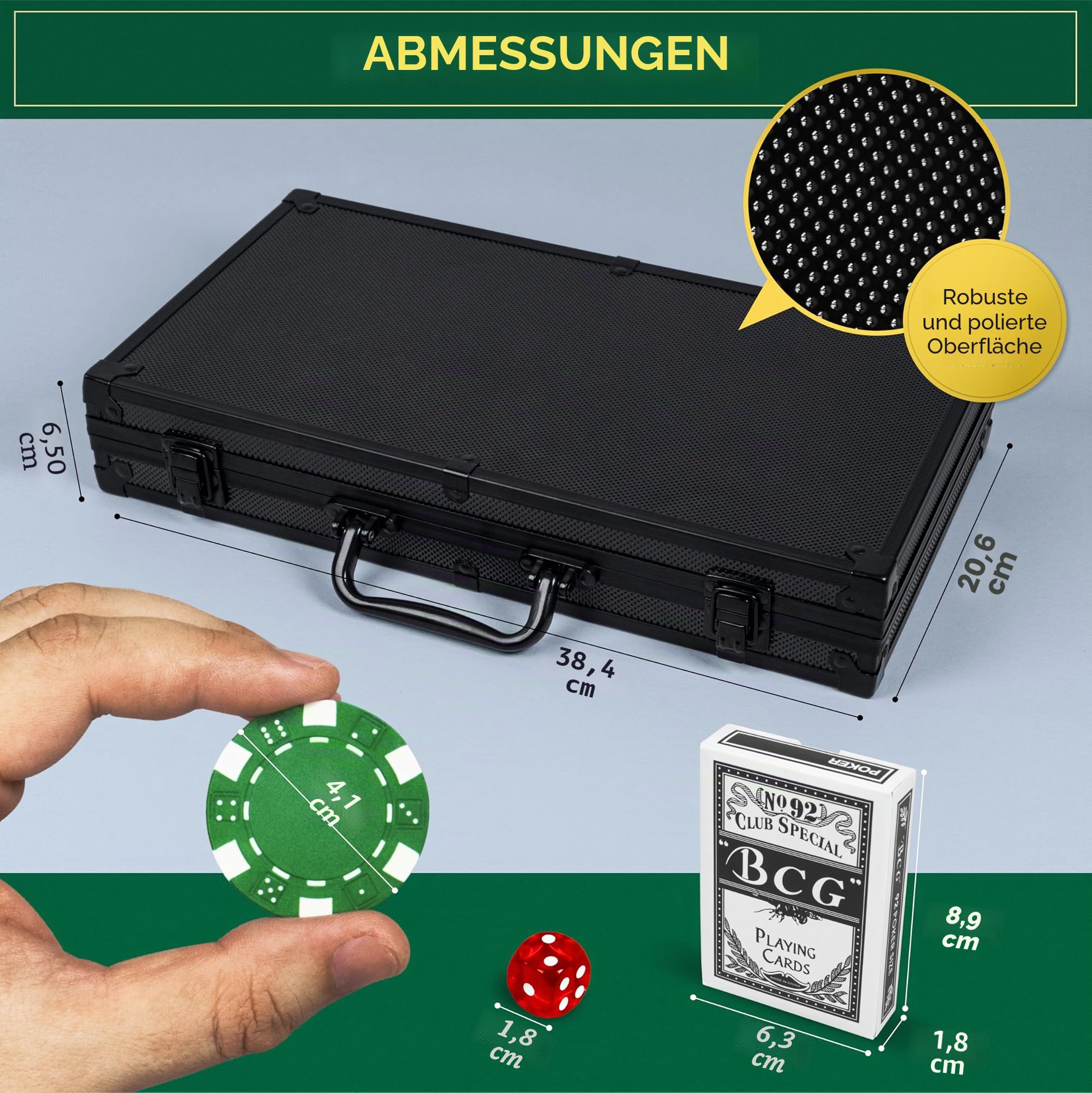 Queensell Pokerkoffer mit 300 Poker Chips für Texas Holdem – Profi Poker Set mit Aluminium Koffer, Pokerkarten, Dealer Button & Würfeln