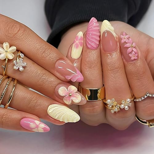 24Pcs Pink French Tip Press on Nails Medium Almond Fake