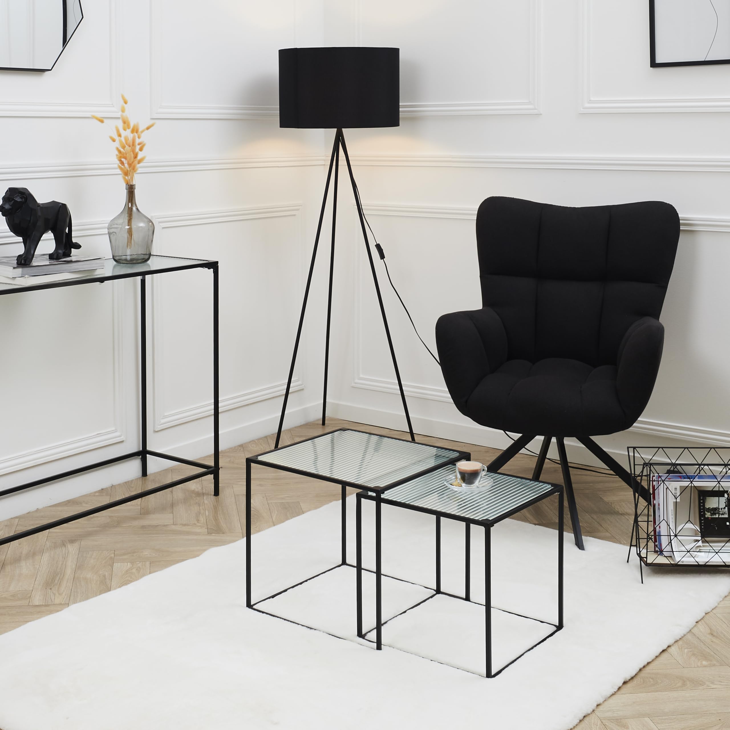 HOME DECO FACTORY - HD7195 Table Gigogne en Verre Trempé et Fer - Élégante et Moderne - pour Salon ou Chambre - Dimensions Grande 40 x 38 x 40 cm - Petite 35 x 35 x 35 cm - Couleur Noir