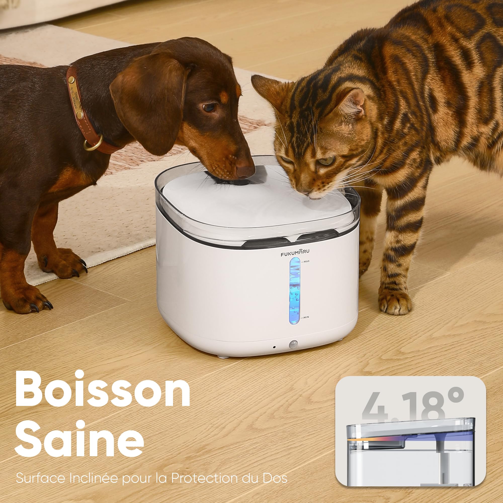 FUKUMARU Fontaine à Eau Chat, 2L Ultra-Silencieuse à Détecteur de Mouvement sur Batterie, Distributeur d'eau Silencieux avec Éclairage LED Intelligent, Abreuvoir Automatique pour Chat