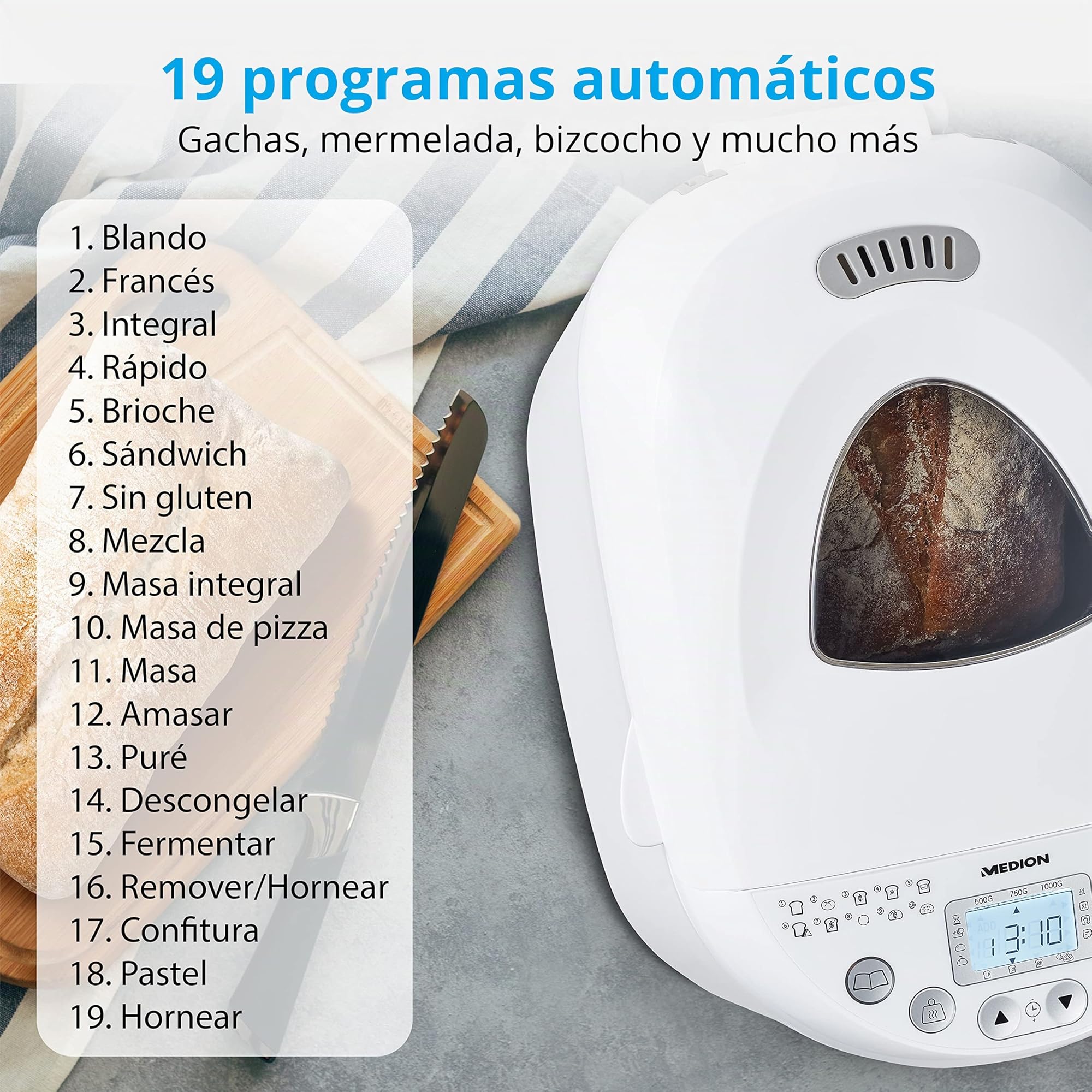 MEDION Amasadora de pan (MD11011) 550W, robot de cocina para preparar pan con capacidad para 1 kg, robot con 19 programas, 3 niveles de tostado y conservación del calor