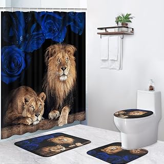 4 Pcs Shower Curtain Sets, Lion Love Blue Rose Cat Waterproof Bathroom Sets with Non-Slip Rugs, Toilet Lid Cover and Bath Mat, 12 Hooks, Accessories Modern Home Bathroom Decor 72" X 72"