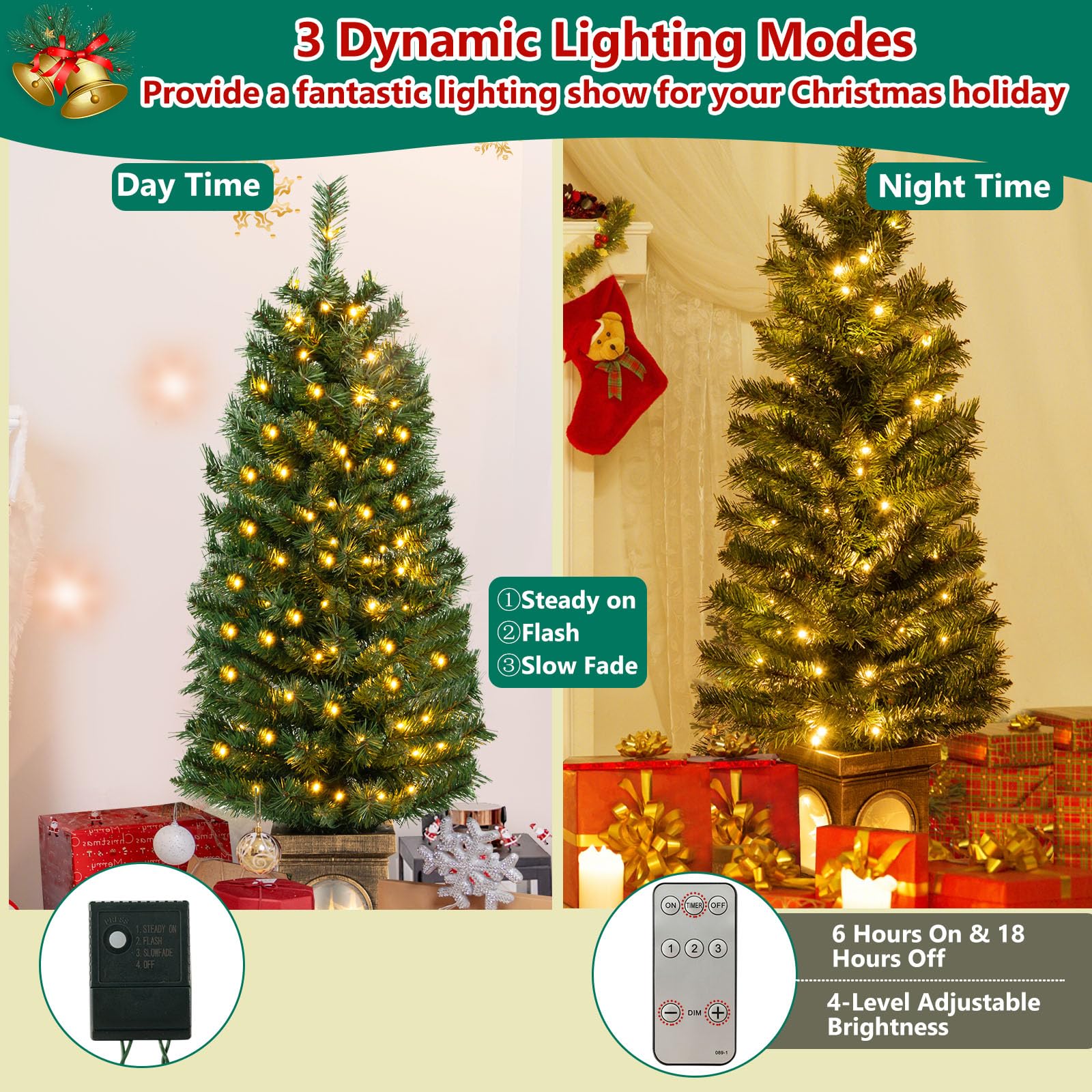 LIFEZEAL 1,2M Sapin de Noël Artificiel, Arbre Artificiel avec 100 LEDs, 3 Modes d'Éclairage, Sapin Illuminé avec 160 Branches en PVC, pour Magasin, Bureau, Chambre (Vert, 18,5 x 18,5 x 120CM)