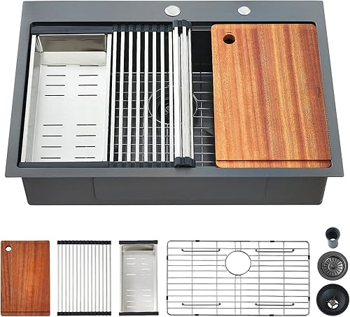 Fregadero de cocina, fregadero de cocina de 30 x 22 x 10 pulgadas, fregadero de cocina negro plomizo, fregadero de cocina de acero inoxidable