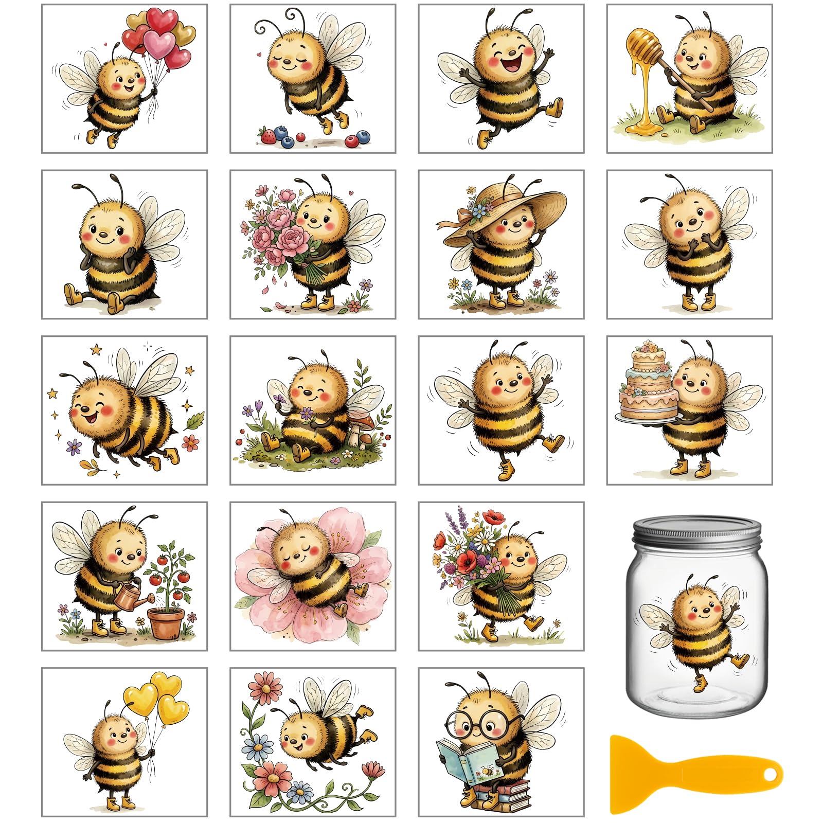 GLOBLELAND 18 Sheets Cute Bee Rub on Transfers Stickers 3.9x3.6 inch Cartoon Bee Decals UV Transfer Stickers for Crafts Bottle Glass Cup Vase Home Decor — image 1
