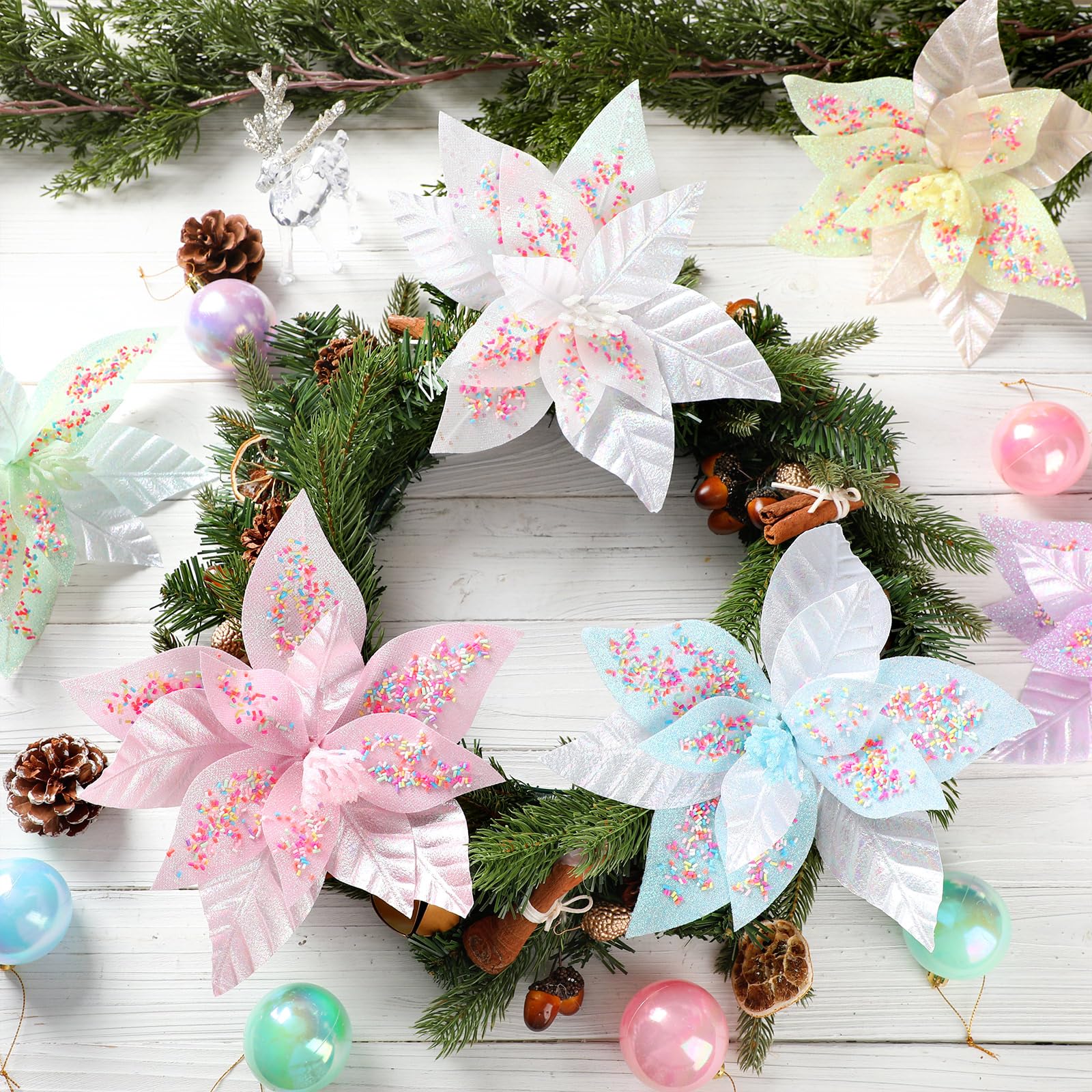 Soulchen Lot de 12 fleurs de poinsettia de Noël artificielles pastel avec tiges de 24 cm pour décoration de sapin de Noël, couronne de Noël, décoration de fête