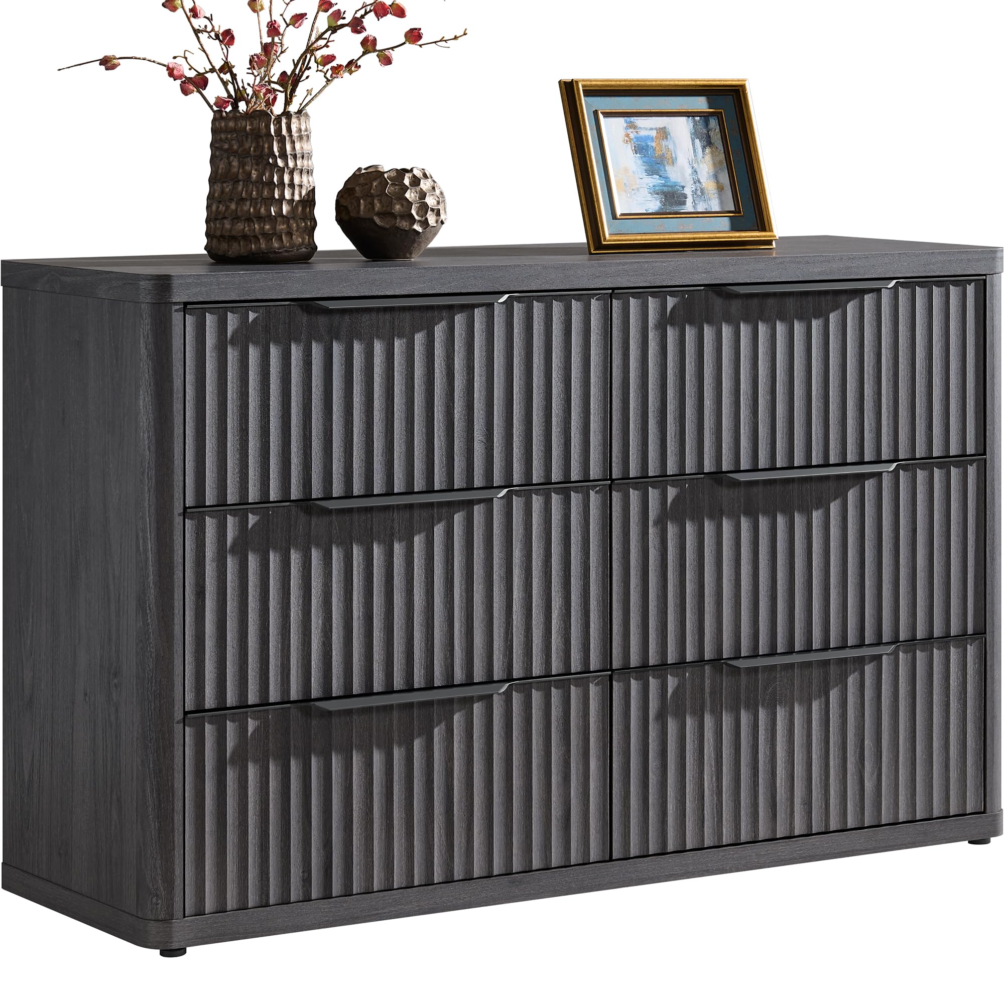 SICOTAS Dresser for Bedroom 53.5" Wide 6 Drawer Dressers & Chests of Drawers for Closet Long Large Modern TV Stand Set for Clothes Storage Fluted Clothes Closet for Hallway Entryway, Dark Grey Alder Dark Grey Alder 1 Piece