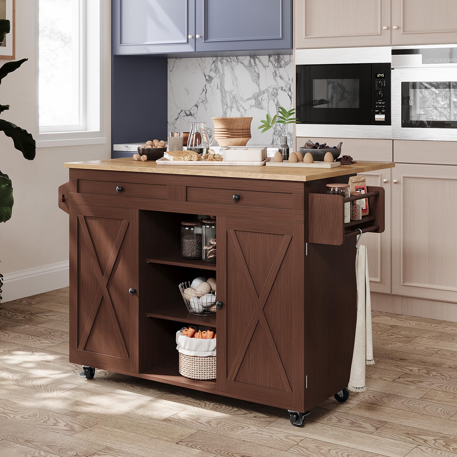 HOLTICO Isola Cucina Pieghevole con Ruote Bloccabili, Carrello Cucina Multifunzione con Piano Ribaltabile e Armadio di Stoccaggio, Arredo Salvaspazio per Cucina e Sala da Pranzo, Marrone Caffè