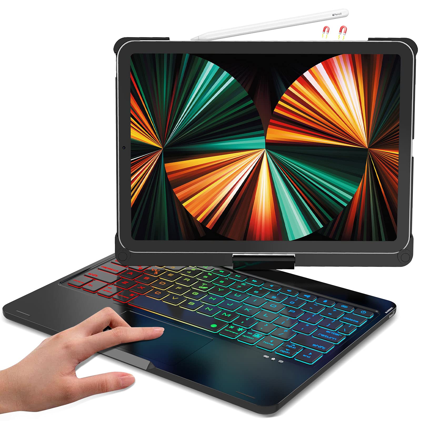 iPad Air 4th Generation 10.9 Keyboard Case with Touchpad - Boriyuan Backlit Keyboard Folio Smart 360 Rotate Stand Keyboard Cover for iPad 10.9/Pro 11 inch,Support Apple Pencil Charging (Black)