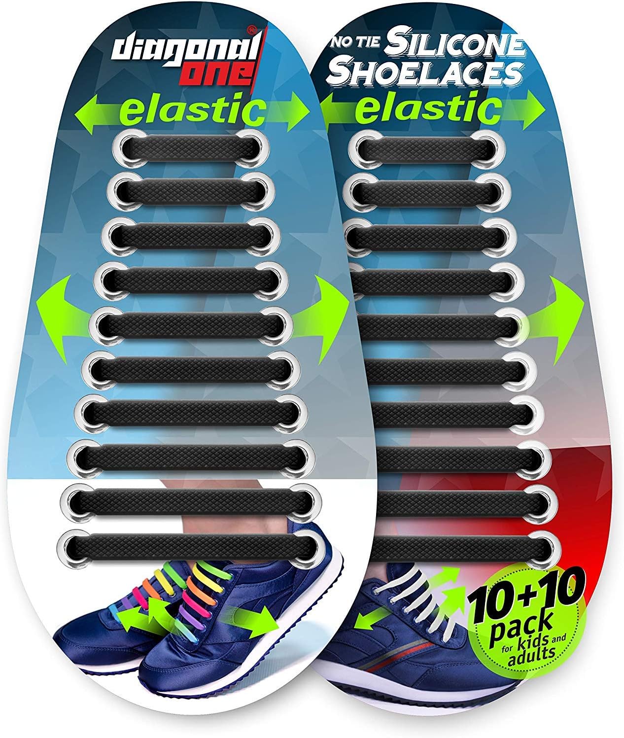 No Tie Shoelaces for Kids & Adults. The Elastic Silicone Shoe Laces to Replace Your Strings. 16 Slip On Tieless Flat Silicon Sneakers (Black)