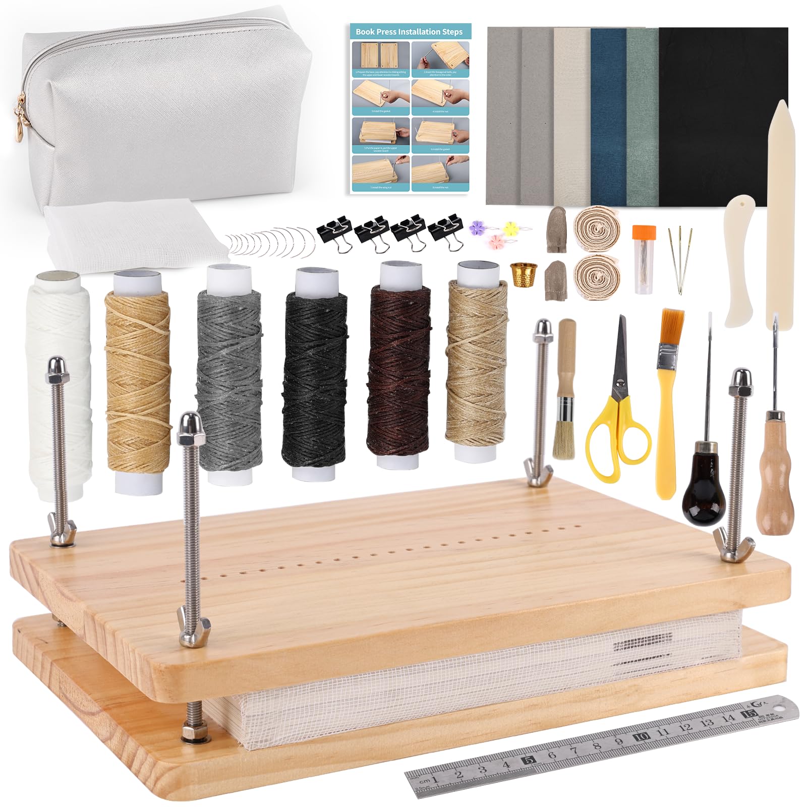 HomdMarket Kits de encuadernación de libros, prensa de libros de madera (11.8 x 7.6 pulgadas), suministros de encuadernación para libros de bricolaje, juego de herramientas de inicio con bolsa de