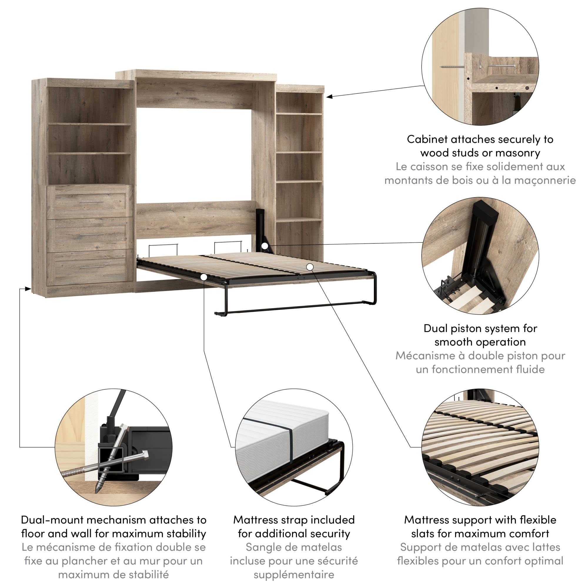BESTAR Queen Murphy Bed With 2 Shelving Units & Drawers - Space-Saving Wall Bed, Rustic Brown