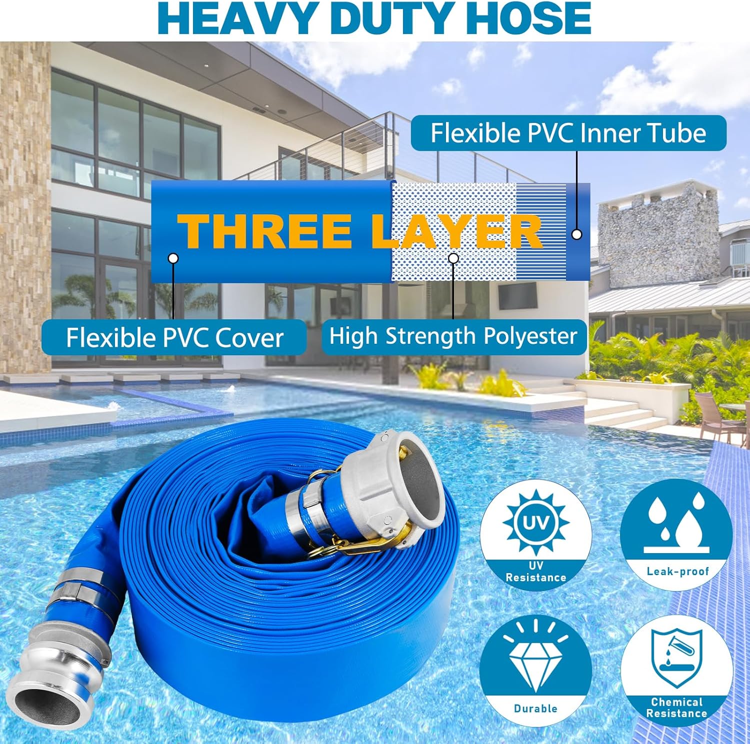 1.5" x 50 Ft Discharge Hose, Heavy Duty PVC Lay Flat Water Backwash Hose,Durable Pool Drain Hose with Aluminum CE Fittings for Water Pump And Filters