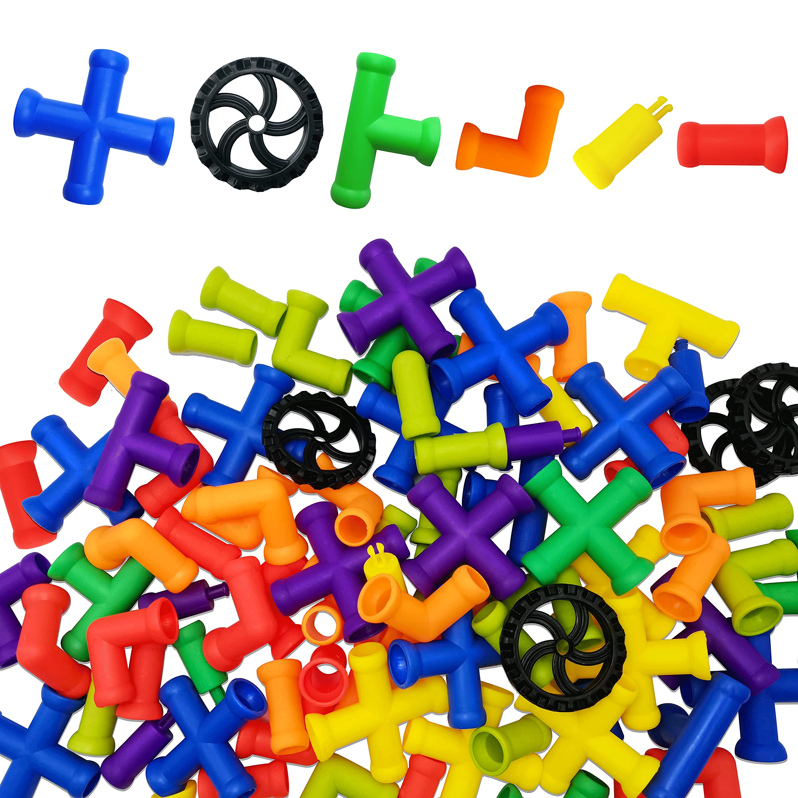 STEM Pipes & Joints Tube Building Blocks Sensory Toy Set for Toddler Boys Girls Kids, 100 Pcs Creative Locks Construction Educational Preschool Learning Child Gift with Wheels