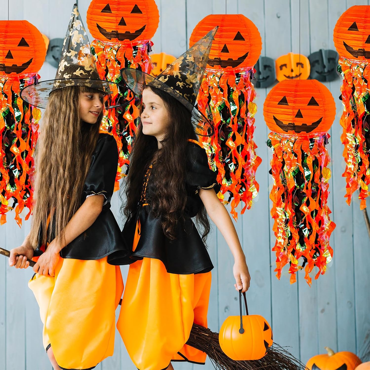 ADLKGG Pumpkin Paper Lanterns for Halloween Party Decorations, Orange Black Hanging Paper Lanterns for Kids Adult Birthday Wedding Graduation Indoor Outdoor Garden Home Decor, 5 Pcs