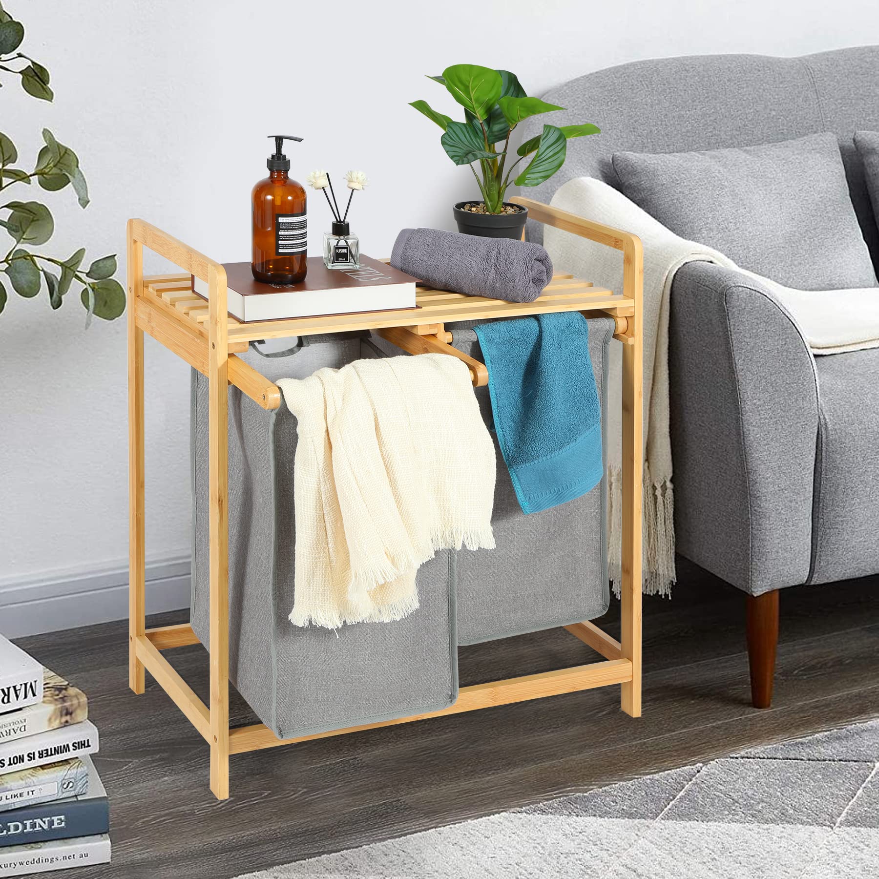 ALBOMI Bamboo Laundry Hamper with Shelf, 2 Section Freestanding Laundry Storage Basket, Wooden Dirty Clothes Hamper for Bathroom Bedroom Living Room Laundry Room, Grey Pull-Out Bags, Natural