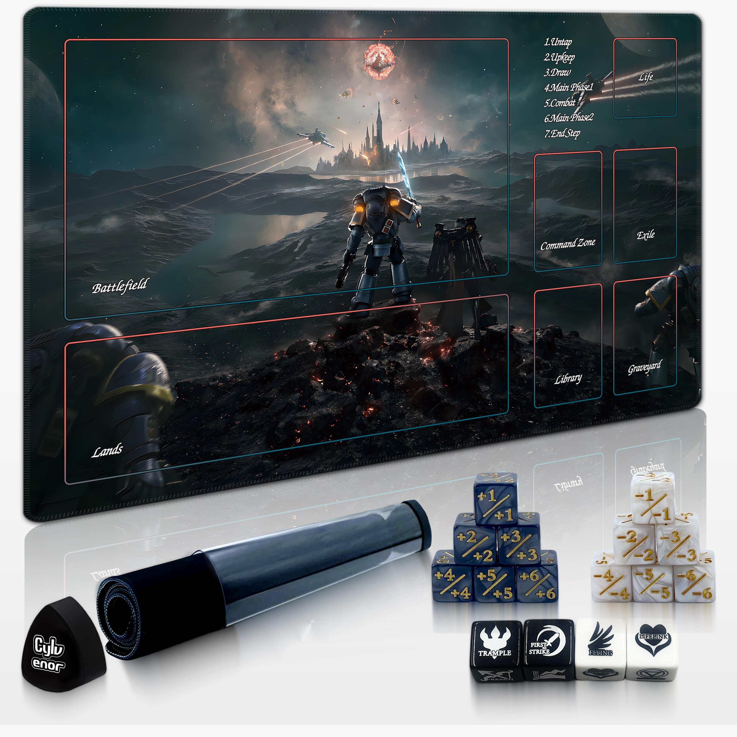 Cylvenor 24"x14" MTG Playmat with Storage Tube & 16-Piece Dice Set - Non-Slip Rubber TCG Card Game Mat, Stitched Edges Tabletop Gaming Mat (40K 01, 40K Series)