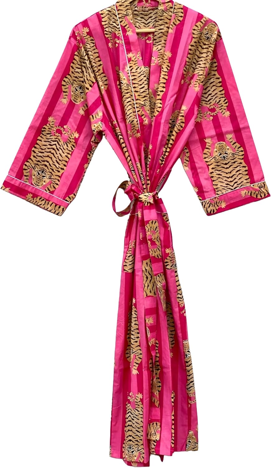 INDACORIFY Printed Kimono Robe, Lounge Wear Striped Cotton Kimono Bathrobe & Beach Cover Up Printed Long Beach Wear