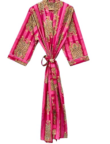 INDACORIFY Printed Kimono Robe, Lounge Wear Striped Cotton Kimono Bathrobe & Beach Cover Up Printed Long Beach Wear