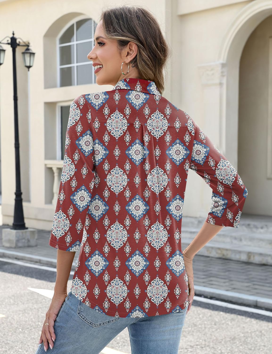 AKEWEI Womens 3/4 Length Sleeve Tops V Neck Casual Basic Tees Work Polo Shirts Collared Summer Top with Front Pocket - Image 5