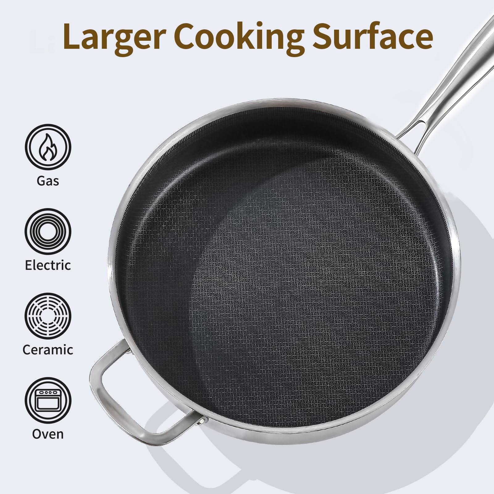 DELARLO Sartén de acero inoxidable de tres capas de 7 cuartos de galón, sartén grande de 12 pulgadas con tapa, sartén jumbo con tapa, estilo resistente compatible con todas las cocinas de hasta 343.3